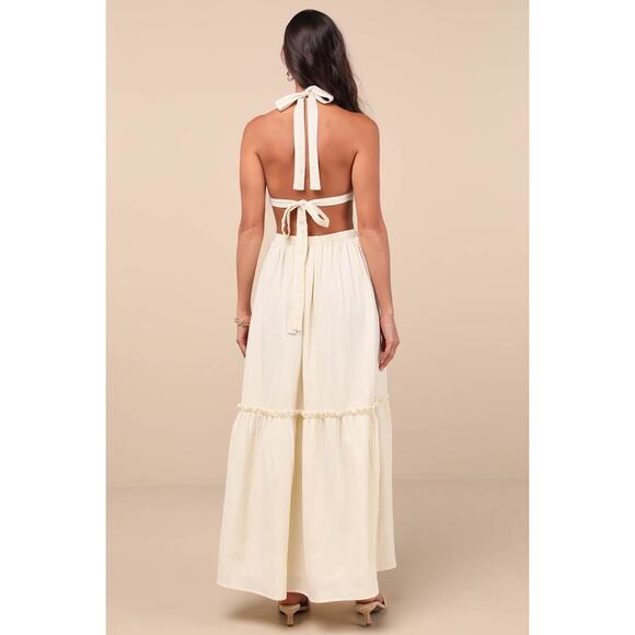 NWT Lulus Island Vacay Cream Tie-Back Maxi Dress Resortwear Vacay Cut Out Sz M - Picture 3 of 10